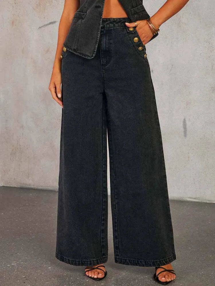 BKQU 2025 Casual Denim Waistcoat Jeans Set Women Front Button O-neck Sleeveless Vest+Wide Leg Trousers Commute Lady 2 Piece Sets