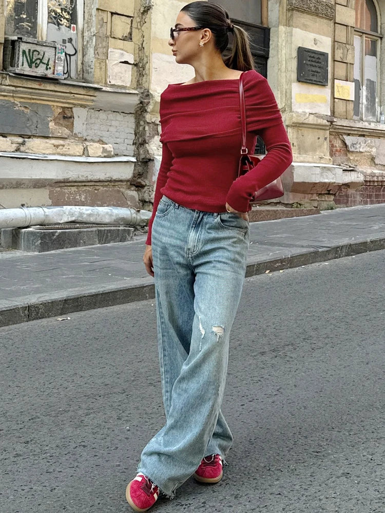 BKQU Knitted Off Shoulder T-Shirts Women Elegant Solid Long Sleeve Pullover Tops Autumn Winter Chic Ruched Ladies Slim Tees 2024