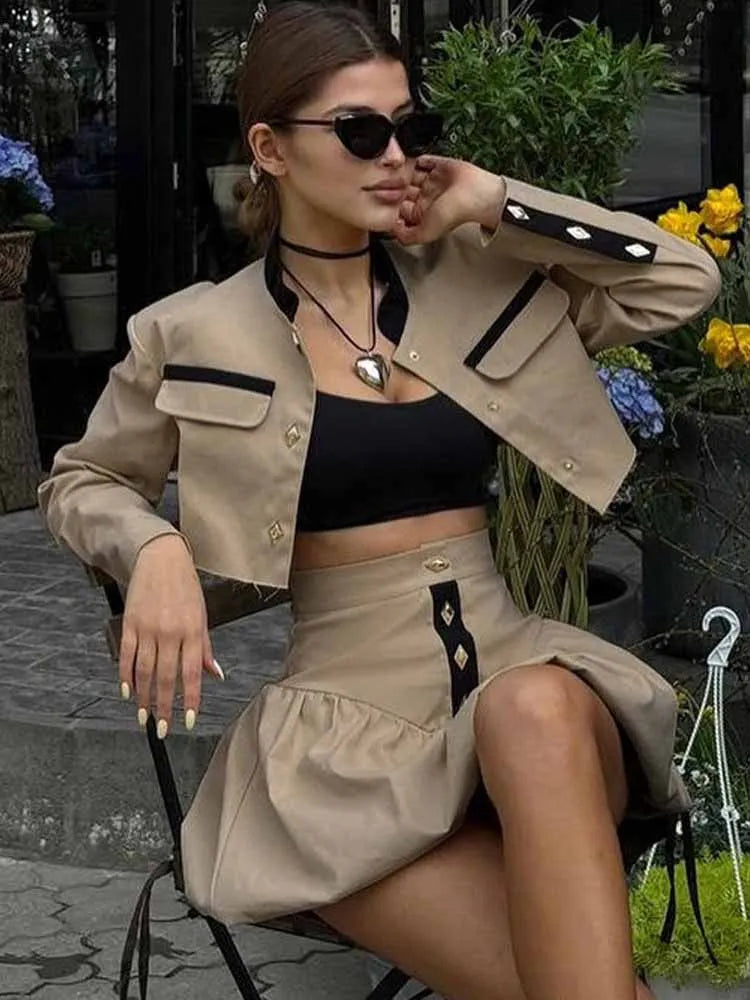 BKQU Elegant Women Sets Patchwork Long Sleeve Button Crop Jacket High Waist Pleated Mini Skirt Two Piece Sets 2025 Spring Outfit