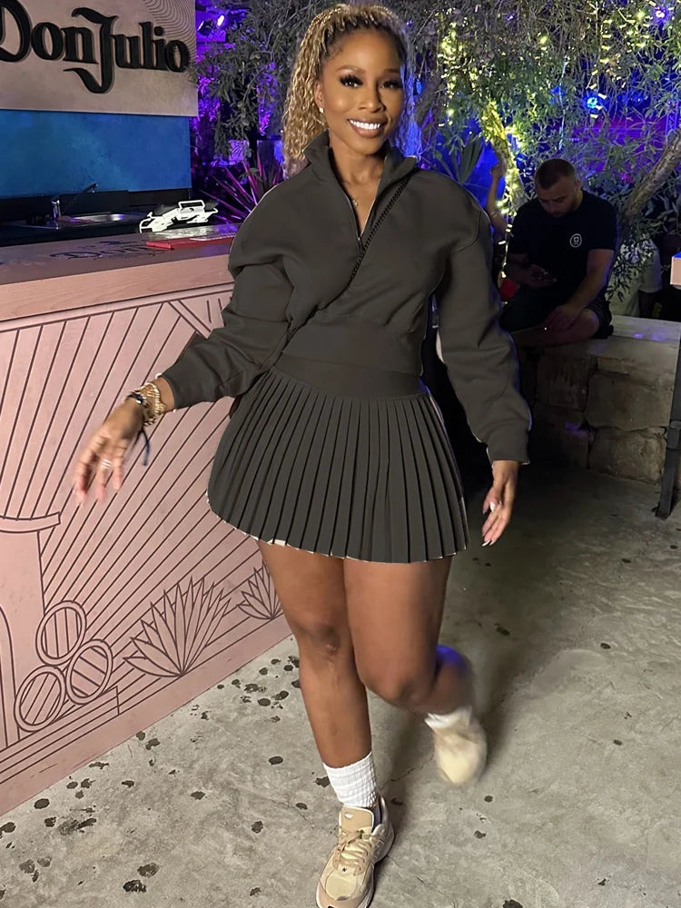 BKQU Elegant Solid 2 Piece Set Women Casual Long Sleeve Sweatshirt Pleated Mini Skirt Suit Autumn Winter Party Simple Clothing