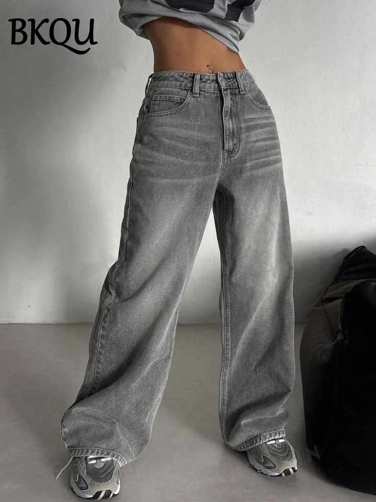 BKQU Gray Vintage Baggy Jeans Woman Streetwear High Waist Y2K Wide Leg Denim Pants Loose Female Hip Hop American Trousers 2000s