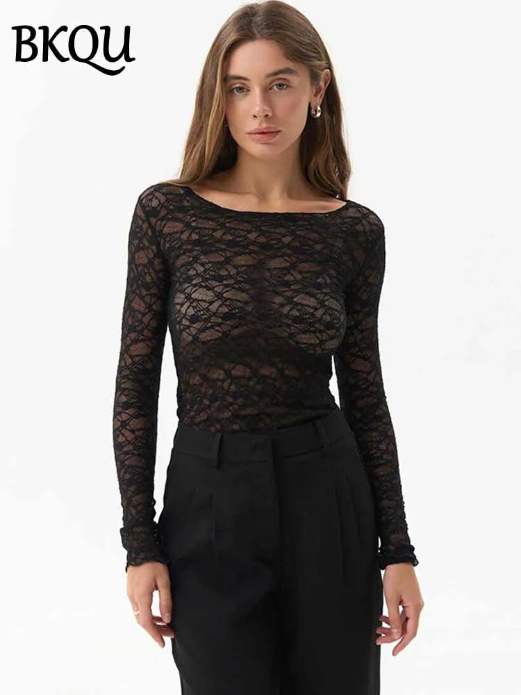 BKQU Lace See-Through Crop Tops Women Sexy Long Sleeve O-neck Slim T Shirt Elegant Hollow Out Sheer Y2K Lady Streetwear Tops New