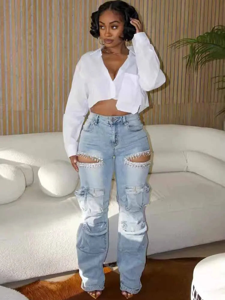 BKQU Unique Diamonds Hollow Out Straight Jeans Women Multi Pocket Cargo Pants Elegant Shiny Rhinestone Wide Leg Denim Trousers