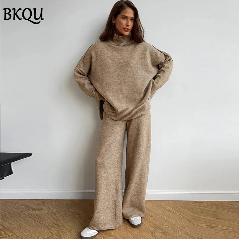 BKQU Women's Knitted Two Piece Pants Set 2024 Autumn Winter Turtleneck Sweater and Wide Leg Long Pants Matching Homewear Suits