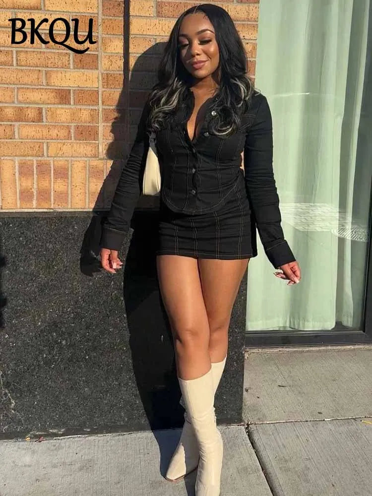 BKQU Denim Cargo Style 2 Piece Set Women Long Sleeve Single-Breasted Jacket Striped Mini Skirt Casual Matching Set 2025 Street