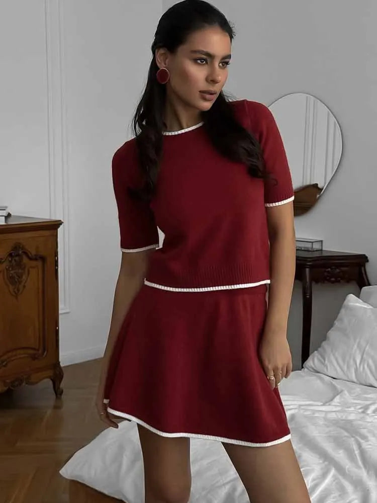 BKQU Elegant Knitted Set Women 3 Pieces Single Breasted Cardigan Short Sleeve T-shirt&Mini Skirt Suits Chic Lady Streetwear 2025