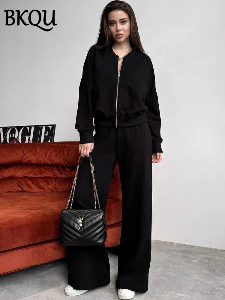 BKQU Solid Pants Set Women's Tracksuit 2025  Long Sleeve Zipper Jacket and High Waist Wide Leg Pants Two Piece Set Autumn Winter
