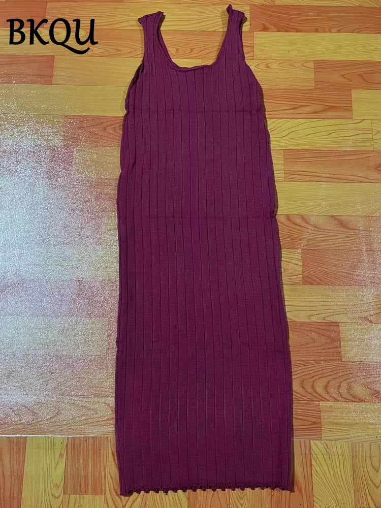 BKQU Knitted Dress Sets Women Sleeveless Square Collar Midi Dress and Long Sleeve O-neck Ribber Sweater Elegant Two Piece Set