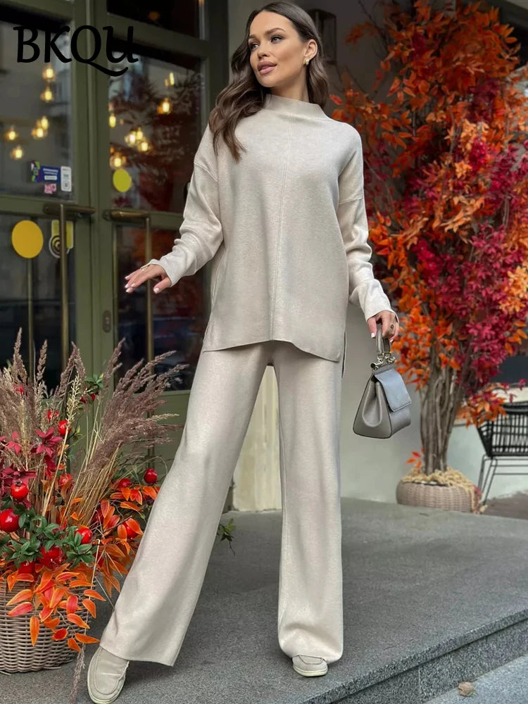 BKQU Knitted Fashion 2 Pieces Sets Women Half Turtleneck Split Sweater Wide Leg Pants Autumn Winter Loose Warm Knitted Outfits