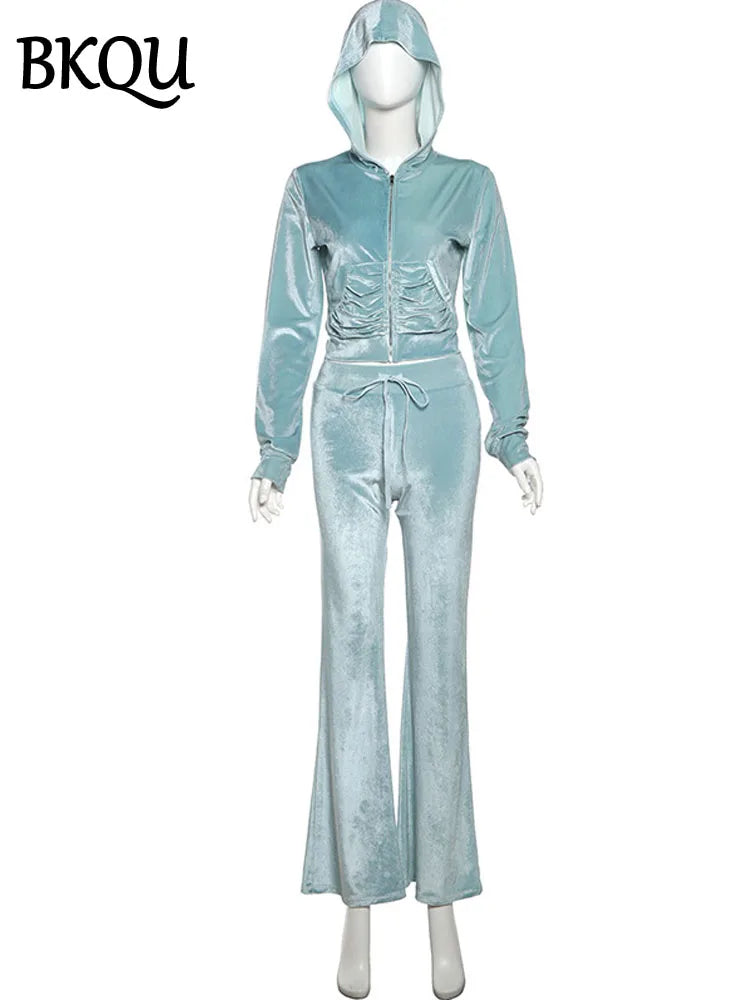 BKQU Hoodie Velvet Tracksuit 2 Piece Sets Women Casual Zip Up Ruched Pocket Jacket+Drawstring Flare Pants Streetwear Y2k Outfits